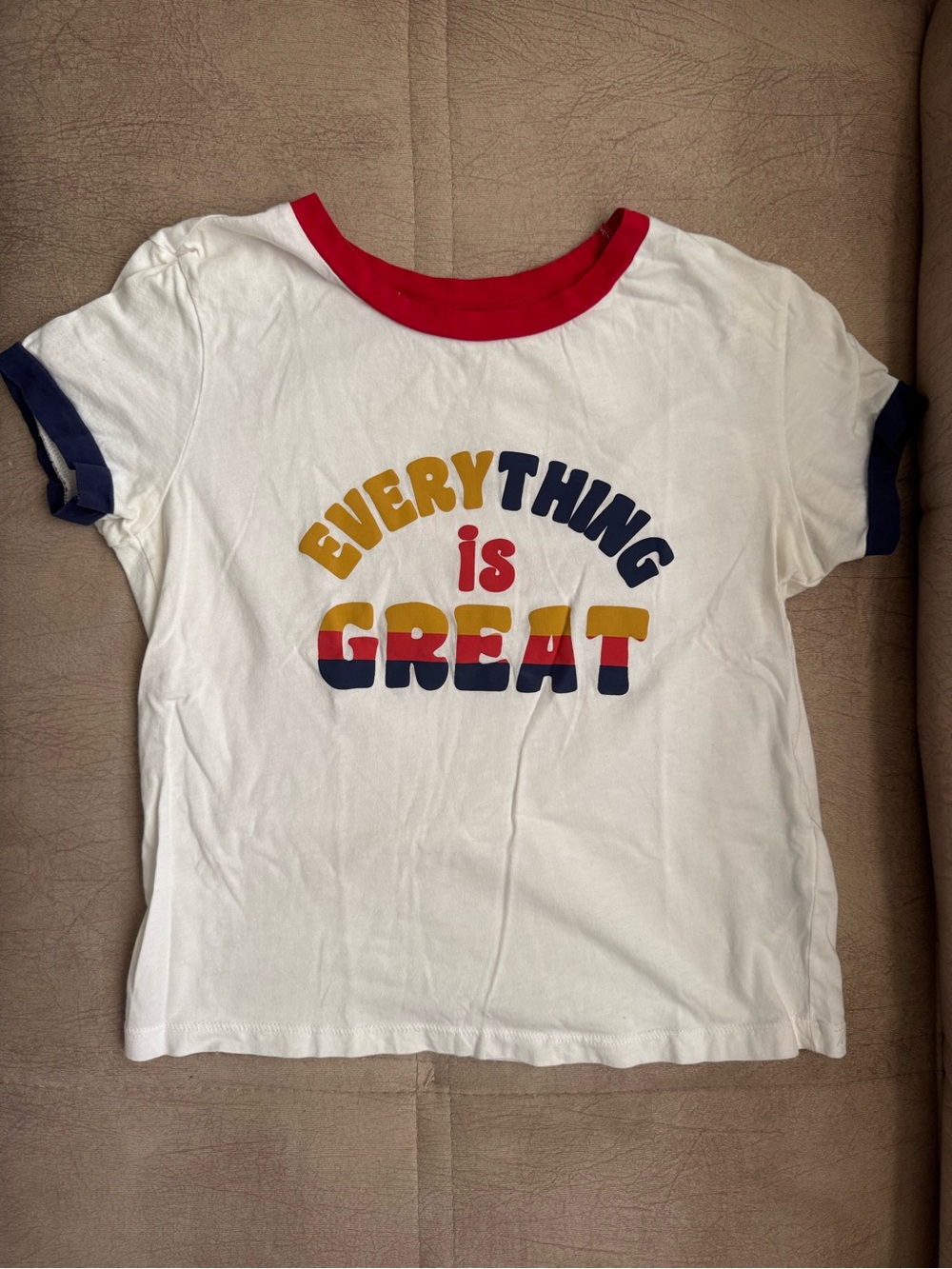 White Crop Tee with Red Collar and Navy Trim - 'Everything is Great' Graphic